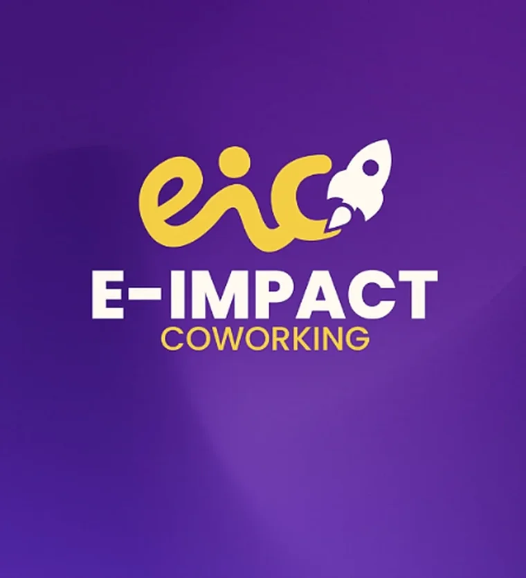 E-Impact Coworking logo in yellow and white with a rocket, on purple