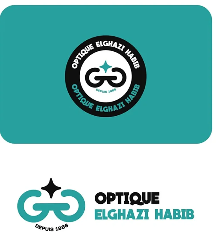 Optique Elghazi Habib round badge on a teal card, and the horizontal logo