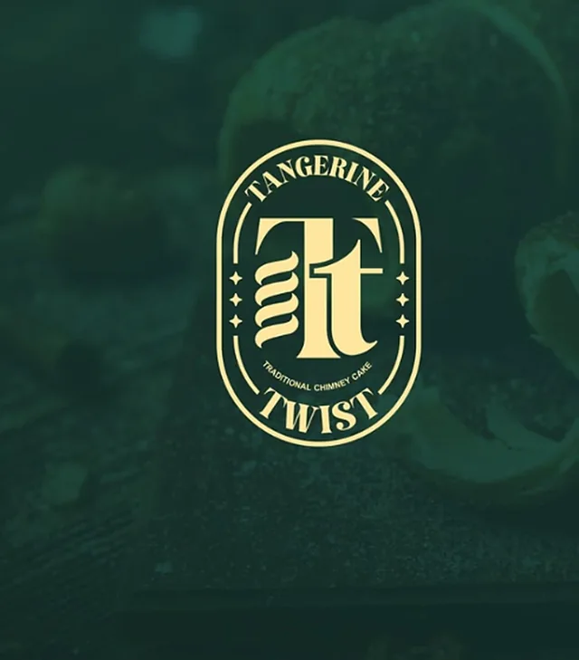 Tangerine Twist badge logo in yellow on a dark green photo background